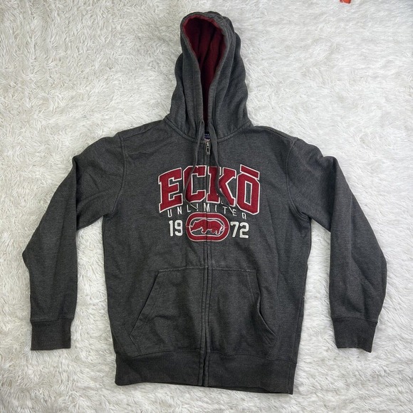 Vintage Y2K Ecko UNLTD Hoodie Mens Size Small Gray/Red Spell Out Rhino Logo 1972 - Picture 2 of 16